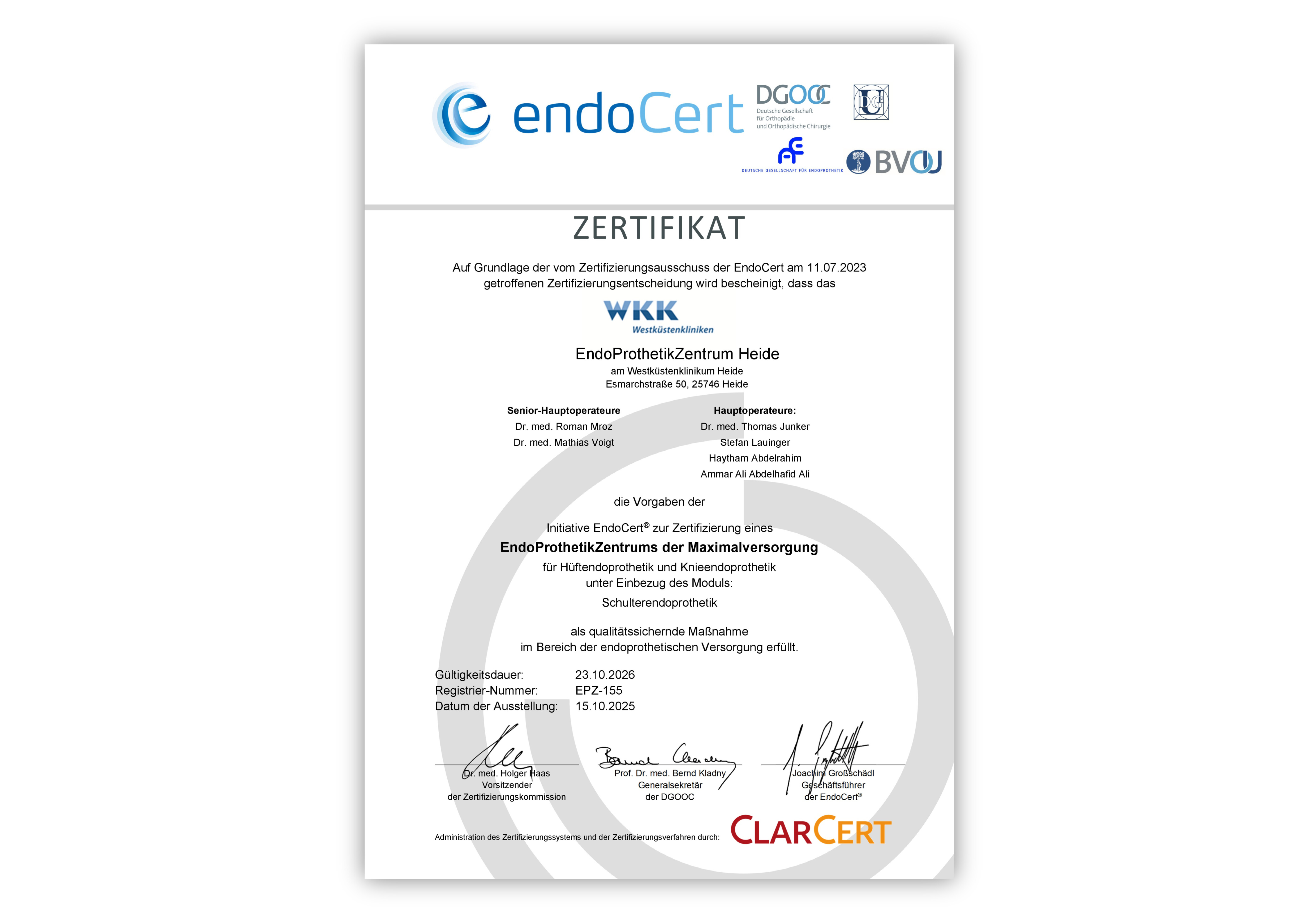 Zertifikat EndoProthetikZentrum der Maximalversorgung Heide